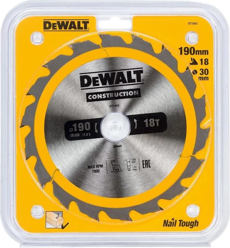 DT1943-QZ - Cirkelzaagblad - 190mm - 30mm Asdiameter - 18 Tanden von DEWALT – Produktbild