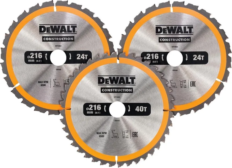 DT1962 Cirkelzaagbladen Set 216mm (24T/24T/40T 216 x 30mm)) de DEWALT – image du produit