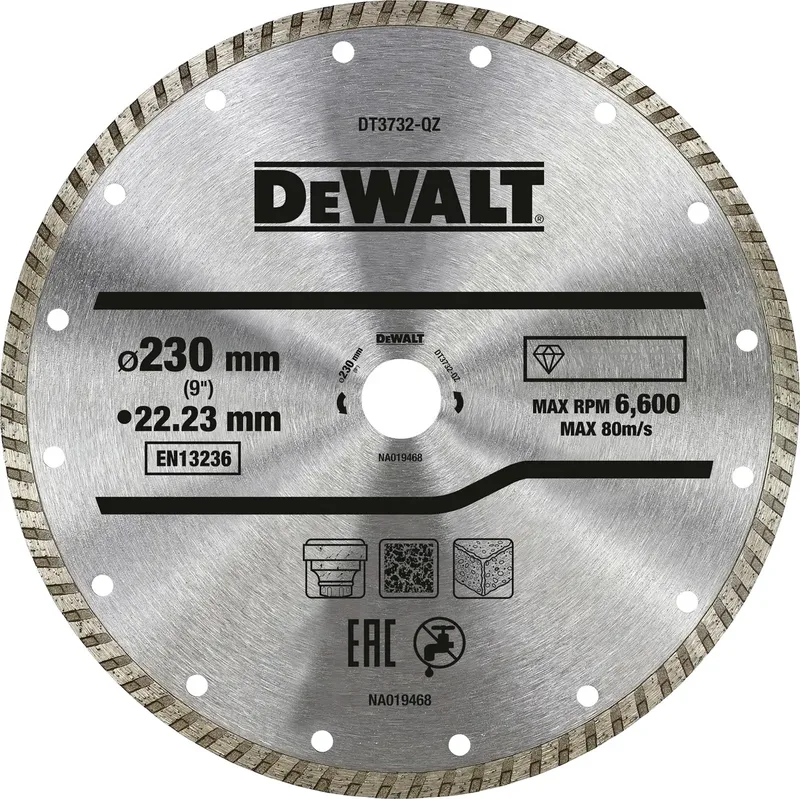 DT3732-QZ DT3732-QZ Disque à tronçonner diamanté Diamètre 230 mm Ø de perçage 22.2 mm Grès 1 pc(s) de DEWALT – image du produit