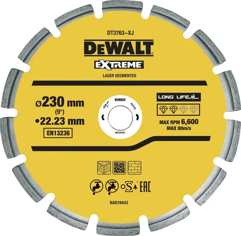 DT3763-XJ DT3763-XJ Disque à tronçonner diamanté Diamètre 230 mm Ø de perçage 22.2 mm Granite 1 pc(s) de DEWALT – image du produit
