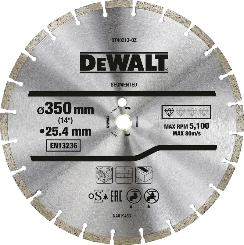 DT40213-QZ DT40213-QZ Disque à tronçonner diamanté Diamètre 350 mm Ø de perçage 25.4 mm Matériaux de chantier 1 pc(s) de DEWALT – image du produit