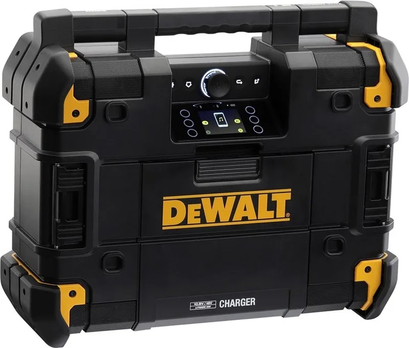 DWST1-81078 10,8-54V Li-Ion accu TSTAK radio met oplaadfunctie - werkt op accu van DEWALT, Geel, Zwart – productafbeelding