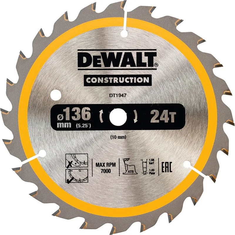 Ø 136mm Asgat 10mm 24T Cirkelzaagblad voor Hout | Construction - DT1947-QZ de DEWALT – image du produit