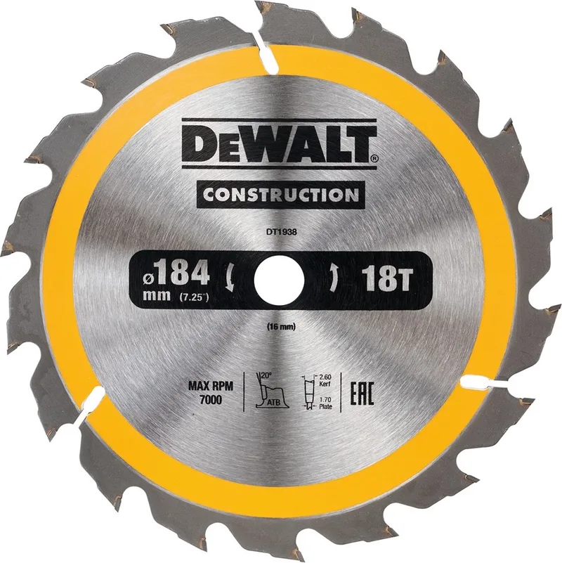 Kreissägeblatt Handkreissäge 184/16 mm 18WZ DT1938-QZ von DEWALT – Produktbild