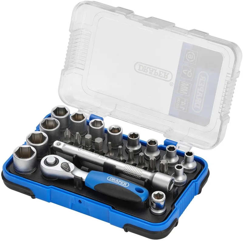 Draper 1/4" Doppenset met soft grip ratel en bits, 25-delig van Draper, Blauw – productafbeelding