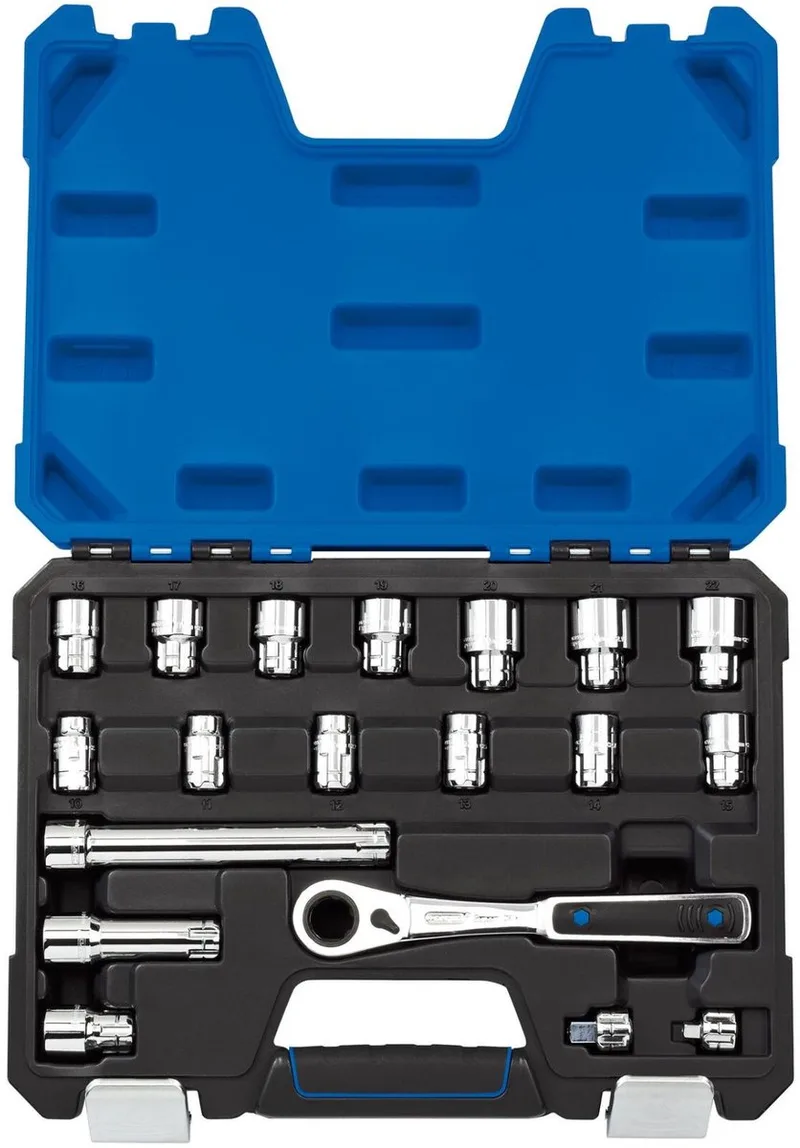 Expert 'Go Through' Doppenset met ratel, 19-delig van Draper, Blauw – productafbeelding