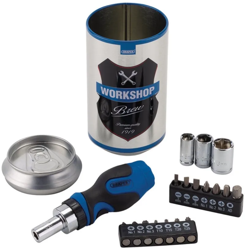 workshop | speciale editie | schroevendraaier | bitset | vaderdag | cadeau voor vaders | 18 delig | mixed set | drapel tools | fathers day | ratchet screwdriver | bit holder de Draper, Zilver metaal – image du produit