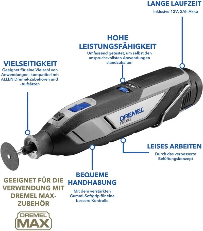 8240-5 Multitool - Inclusief 12 V (2.0 Ah) Li-Ion accu, 5 accessoires en lader de Dremel – image du produit 1 sur 6