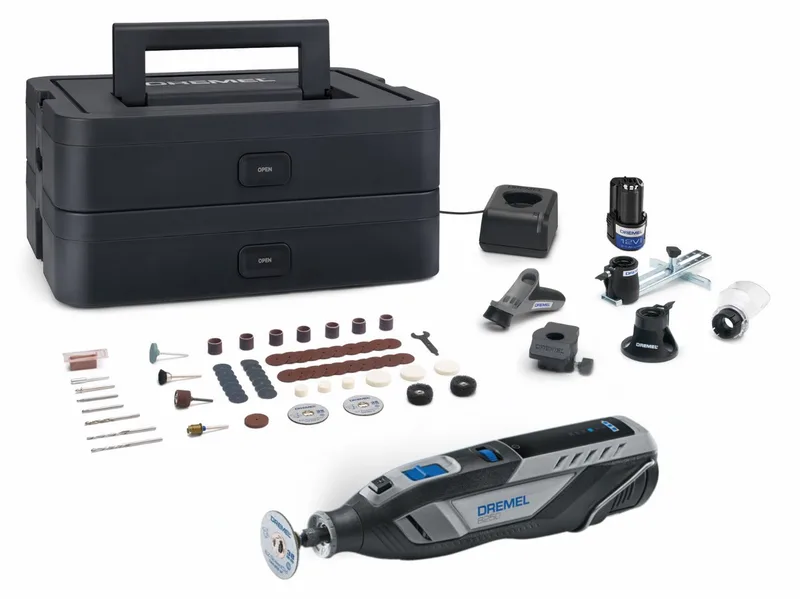 8250-5/65 Platinum+ - Multitool - Inclusief 2x 12V 2.0 Ah accu - 65 accessoires - detailhandgreep - lijn-en circkelgeleider - bewerkingsplatform - comfort guard hulpstuk - frees hulpstuk - lader de Dremel – image du produit 1 sur 6