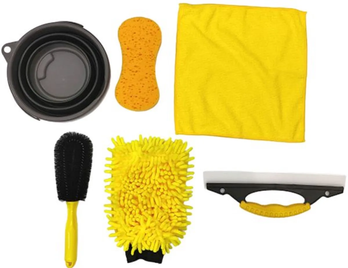 Auto Was Set 6 Delig - Auto Schoonmaak Set met Opvouwbare Emmer en Microvezel Doek - Inclusief Velgenborstel, Spons en Was Handschoen - Zwart Geel de Dunlop Protective Footwear – image du produit
