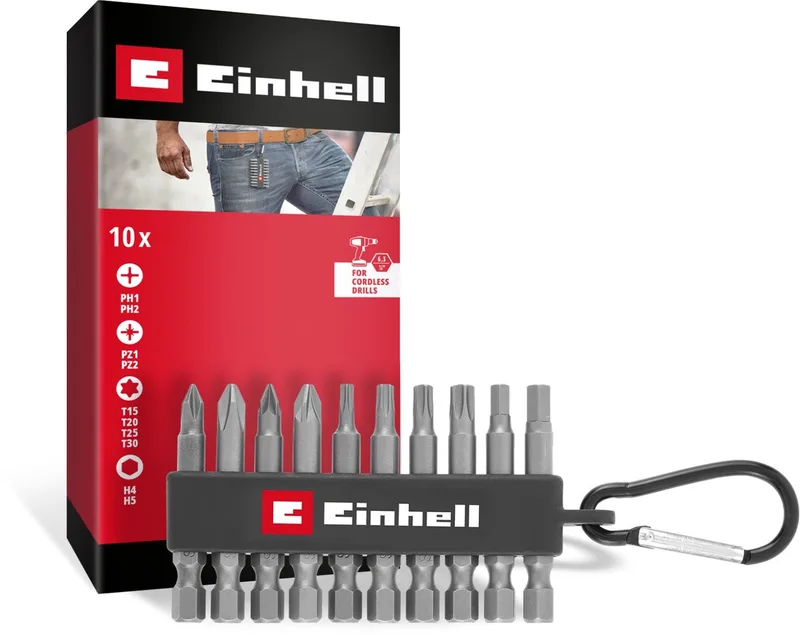 10-delige bitset (50 mm bits PH/PZ/T/H, gezandstraald S2-staal, bithouder met karabijnhaak, E 6.3 schacht) by Einhell – product image