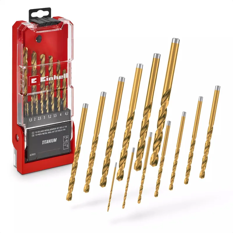 13-delige HSS-G titanium metaalboor set (volledig geslepen HSS 4341 staal, titanium gecoat, 135° split-point punt, gefreesde type N spiraal, ronde schacht) de Einhell – image du produit