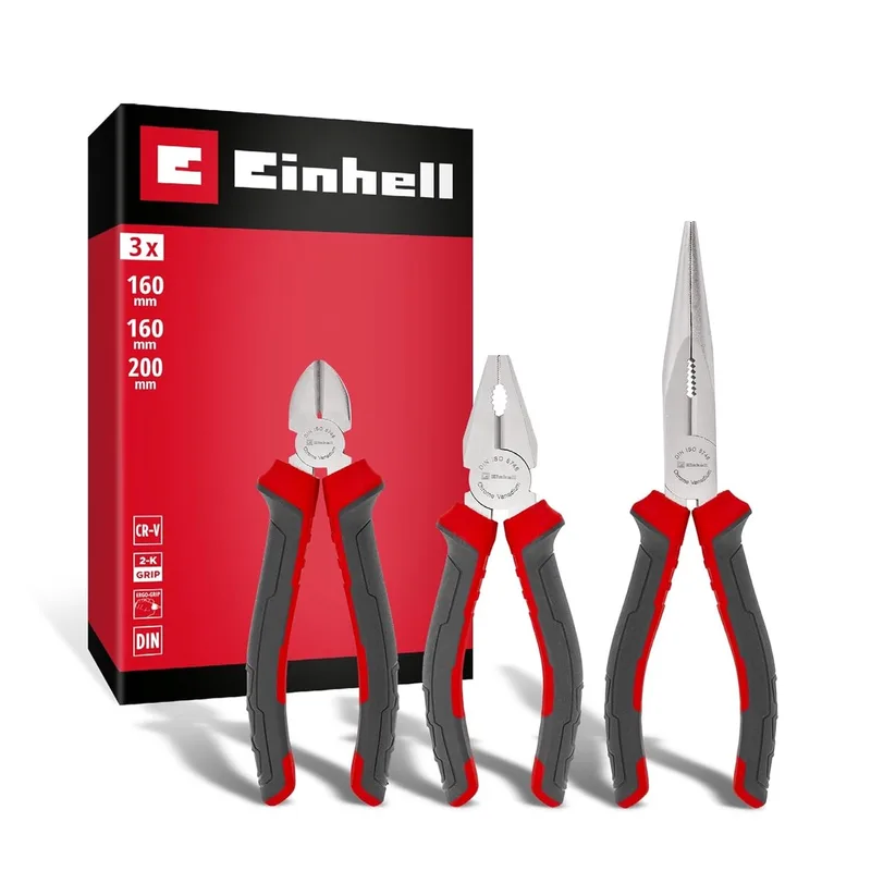3-delige tangenset (zijsnijtang, combinatietang, punttang, chroom-vanadiumstaal, geharde snijkanten, ergonomische handgrepen, vernikkeld oppervlak) by Einhell, Grey – product image