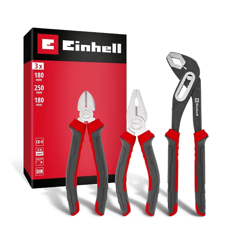 3-delige tangenset (zijsnijtang, combinatietang, waterpomptang, chroom-vanadiumstaal, geharde snijkanten, doorlopend scharnier, ergonomische handgrepen) von Einhell, Grau – Produktbild
