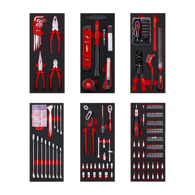 6-delige gereedschapset voor werkplaatstrolleys – 299 onderdelen, inclusief precisie- en speciale bits, tangen, schroeven, dopsleutels, waterpas, hamer en meetlint. de Einhell, Rouge – image du produit