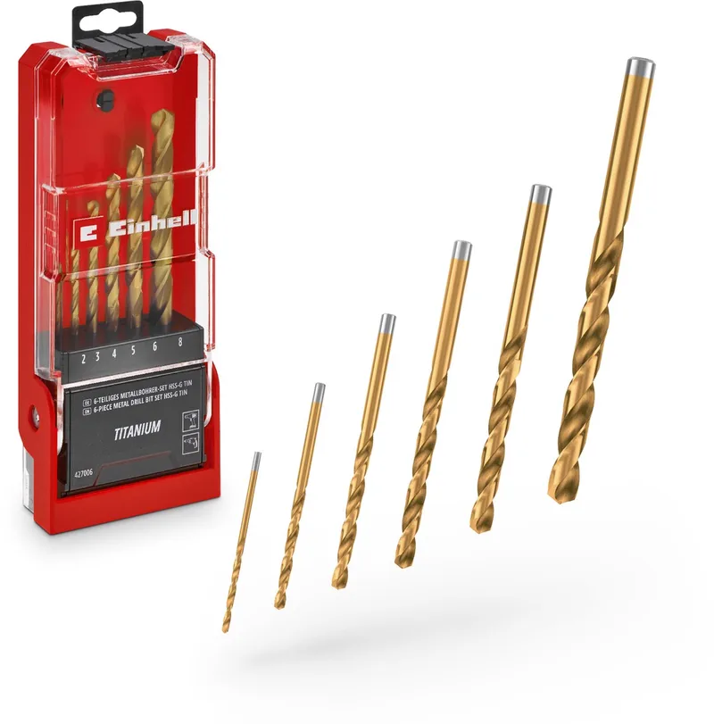 6-delige HSS-G titanium metaalboor set (volledig geslepen HSS 4341 staal, titanium gecoat, 135° split-point punt, gefreesde type N spiraal, ronde schacht) by Einhell – product image
