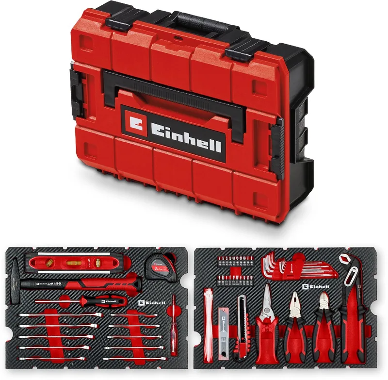 79-delige verhuisgereedschapset (slotenmakershamer, tang, schroevendraaiers, bits, mes, meetlint, waterpas, steeksleutels en ringsleutels, E-Case systeem) de Einhell, Rouge – image du produit