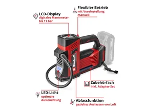 Accu Auto Compressor CE-CC 18/23 D Li Solo - Power X-Change - 18 V/Li-ion - Lengte slang: 0,7 m - Max. Luchtafgifte: 23 l/min - Max. Werkdruk: 11 bar - Digitale manometer - Incl. 3-delige adapterset - Excl. accu en lader van Einhell, Rood – productafbeelding 3 van 5