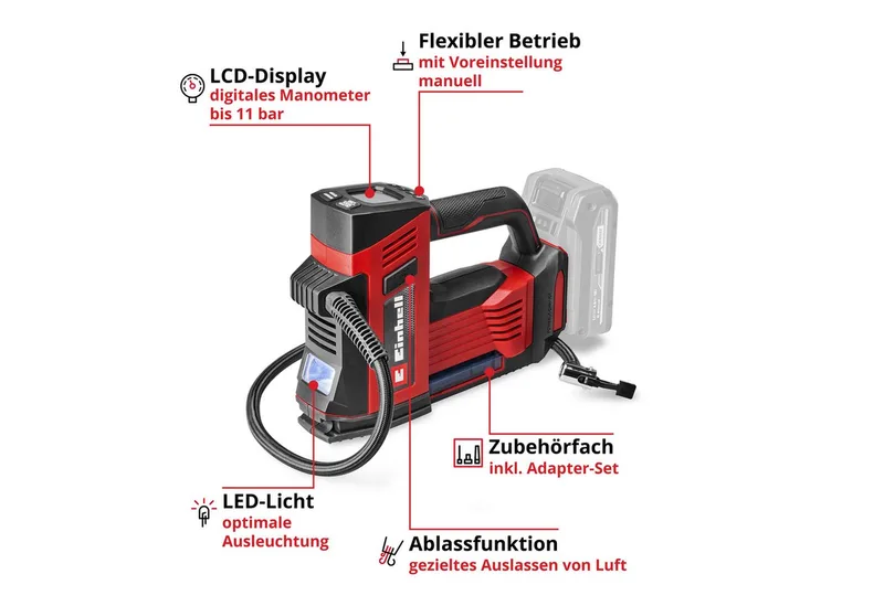 Accu Auto Compressor CE-CC 18/23 D Li Solo - Power X-Change - 18 V/Li-ion - Lengte slang: 0,7 m - Max. Luchtafgifte: 23 l/min - Max. Werkdruk: 11 bar - Digitale manometer - Incl. 3-delige adapterset - Excl. accu en lader van Einhell, Rood – productafbeelding 3 van 5