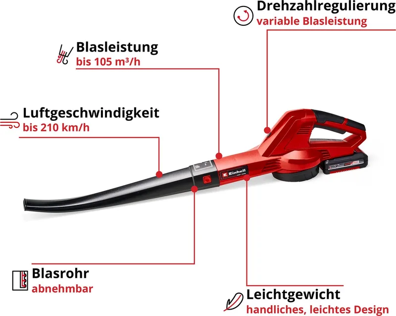 Accu Bladblazer GE-CL 18 E Li Kit - Power X-Change - 18 V/Li-ion - Blaassnelheid: 210 km/h - Incl. 2.0 Ah Accu en lader by Einhell – product image 4 of 5