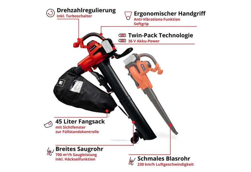 Accu Bladblazer-/zuiger GE-CL 36/230 Li E Solo - Power X-Change- 36 V/Li-ion - Blaas-/zuigfunctie - Blaassnelheid: 230 km/h - Turboschakelaar - Incl. zuigbuis + blaasbuis - Excl. accu en lader van Einhell – productafbeelding 3 van 5