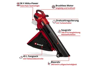 Accu Bladblazer/-zuiger VENTURRO 36/240 Li Solo - Power X-Change - 36 V/Li-ion - Blaassnelheid: 240 km/h - 45 L opvangzak - Hakselfunctie: 10:1 - Excl. accu en lader de Einhell – image du produit 2 sur 4