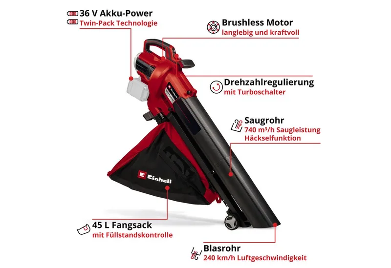 Accu Bladblazer/-zuiger VENTURRO 36/240 Li Solo - Power X-Change - 36 V/Li-ion - Blaassnelheid: 240 km/h - 45 L opvangzak - Hakselfunctie: 10:1 - Excl. accu en lader de Einhell – image du produit 2 sur 4