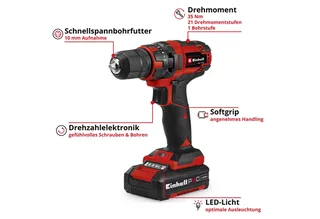 Accu Boor-/Schroefmachine TC-CD 18/35 Li Kit - Power X-Change - 18 V/Li-ion - 35 Nm - 0-550 t/min - 10 mm snelspanboorkop - Elektronische snelheidsregeling - Incl. 1x 1.5 Ah accu en lader van Einhell – productafbeelding 2 van 5