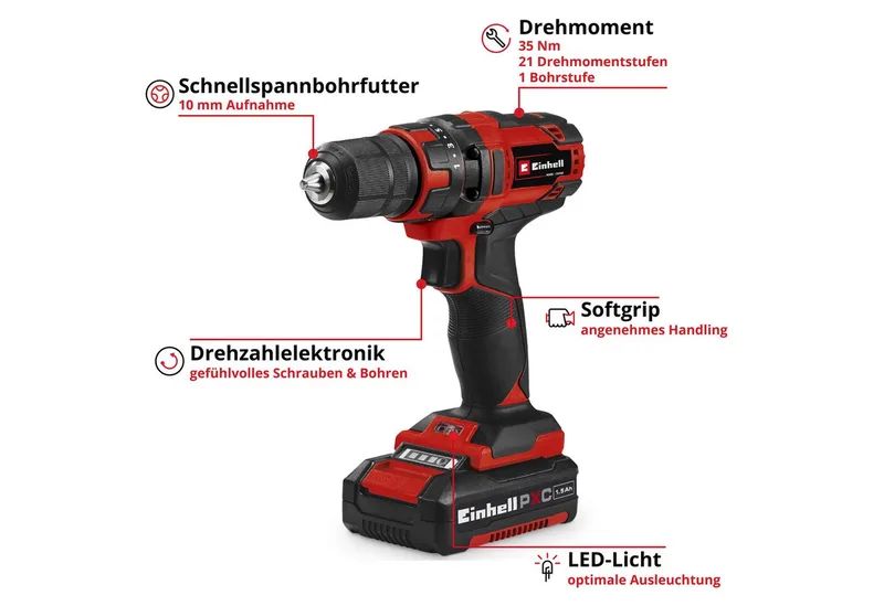 Accu Boor-/Schroefmachine TC-CD 18/35 Li Kit - Power X-Change - 18 V/Li-ion - 35 Nm - 0-550 t/min - 10 mm snelspanboorkop - Elektronische snelheidsregeling - Incl. 1x 1.5 Ah accu en lader van Einhell – productafbeelding 2 van 5