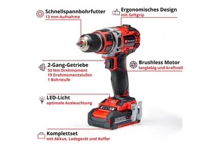 Accu Boor-/Schroefmachine TP-CD 18/50 Li BL Kit - Power X-Change - 18 V/Li-ion - 50 Nm - 0-500/0-1.800 t/min - Koolborstelloze motor - Incl. 2x 2.0 Ah accu, lader en transport-/opbergkoffer van Einhell – productafbeelding 3 van 5