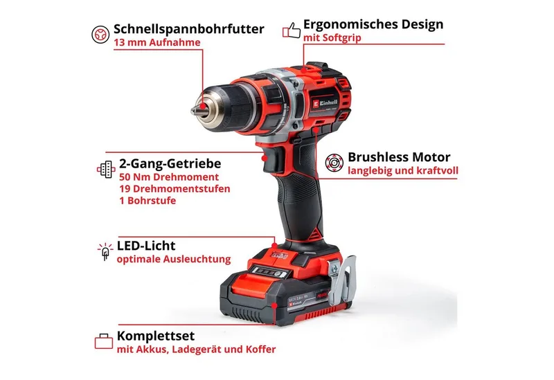 Accu Boor-/Schroefmachine TP-CD 18/50 Li BL Kit - Power X-Change - 18 V/Li-ion - 50 Nm - 0-500/0-1.800 t/min - Koolborstelloze motor - Incl. 2x 2.0 Ah accu, lader en transport-/opbergkoffer van Einhell – productafbeelding 3 van 5