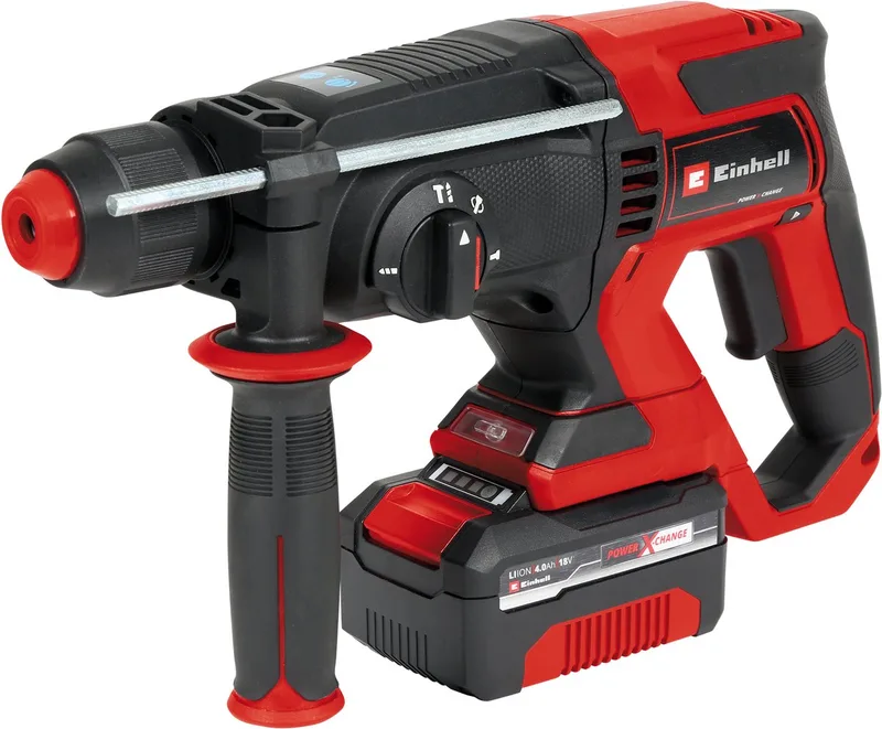 Accu Boorhamer TE-HD 18/20 Li Kit - Power X-Change - 18 V/Li-ion - 1,8 J - Pneumatisch slagwerk - SDS plus - 4-functies: boren/hamerboren/Beitelen met of zonder beitelslot - Incl. 4.0 Ah accu, lader, E-box de Einhell – image du produit