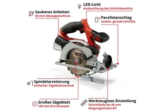 TE-CS 18/150 Li - Solo Scie circulaire portative sans fil Profondeur de coupe max. (90°) 48 mm sans batterie, + accessoires 18 V de Einhell – image du produit 3 sur 5