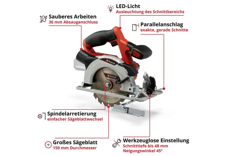 TE-CS 18/150 Li - Solo Scie circulaire portative sans fil Profondeur de coupe max. (90°) 48 mm sans batterie, + accessoires 18 V de Einhell – image du produit 3 sur 5