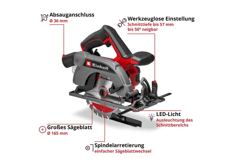 Accu Cirkelzaag TE-CS 18/165-2 Li Solo - Power X-Change - 18 V/Li-ion - 4.200 t/min - Ø165x20 mm/24 T - Max. Zaagdiepte: 90°/45°: 57/39 mm - Excl. accu en lader fra Einhell – produktbillede 4 af 5