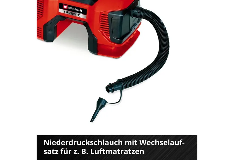 Accu Compressor PRESSITO 18/21 Li Solo - Power X-Change - 18 V/Li-Ion - Aanzuigcapaciteit Hogedruk-/Lagedrukpomp: 21/370 l/min - Max. werkdruk hogedrukpomp: 10.5 bar - Incl. 3-delige adapterset - Excl. accu en lader van Einhell, Rood – productafbeelding 4 van 5