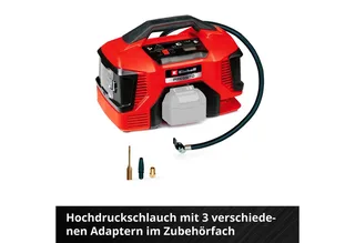 Accu Compressor PRESSITO 18/21 Li Solo - Power X-Change - 18 V/Li-Ion - Aanzuigcapaciteit Hogedruk-/Lagedrukpomp: 21/370 l/min - Max. werkdruk hogedrukpomp: 10.5 bar - Incl. 3-delige adapterset - Excl. accu en lader van Einhell, Rood – productafbeelding 3 van 5