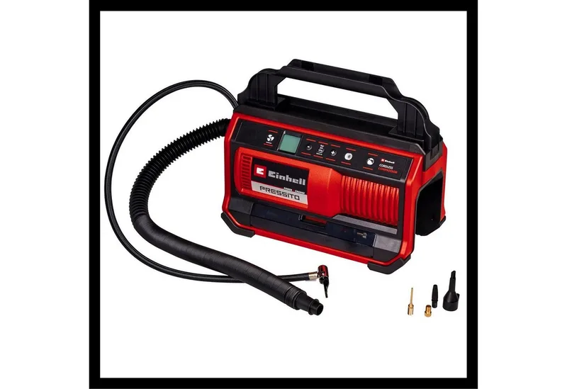 Accu Compressor PRESSITO 18/25 Li Solo - Power X-Change - 18 V/Li-Ion - Aanzuigcapaciteit Hogedruk-/Lagedrukpomp: 25/360 l/min - Max. werkdruk hogedrukpomp: 11 bar - Incl. 3-delige adapterset - Excl. accu en lader van Einhell, Rood – productafbeelding 4 van 5