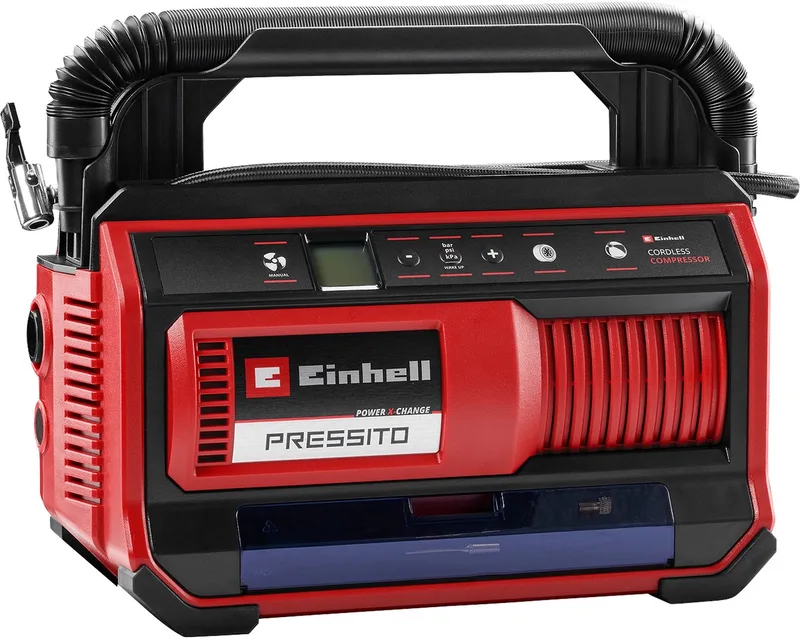 Accu Compressor PRESSITO 18/25 Li Solo - Power X-Change - 18 V/Li-Ion - Aanzuigcapaciteit Hogedruk-/Lagedrukpomp: 25/360 l/min - Max. werkdruk hogedrukpomp: 11 bar - Incl. 3-delige adapterset - Excl. accu en lader van Einhell, Rood – productafbeelding 1 van 5