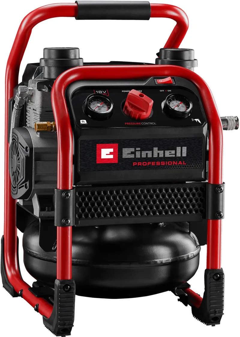 Accu Compressor SILENZZO 18/160 Solo - Power X-Change - 18 V/Li-ion - Max. 8 bar - 6 L tank - Olievrij - 59 dB (Stiller dan normale compressoren) - Zuigvermogen 160 l/min - Excl. accu en lader by Einhell, Red – product image