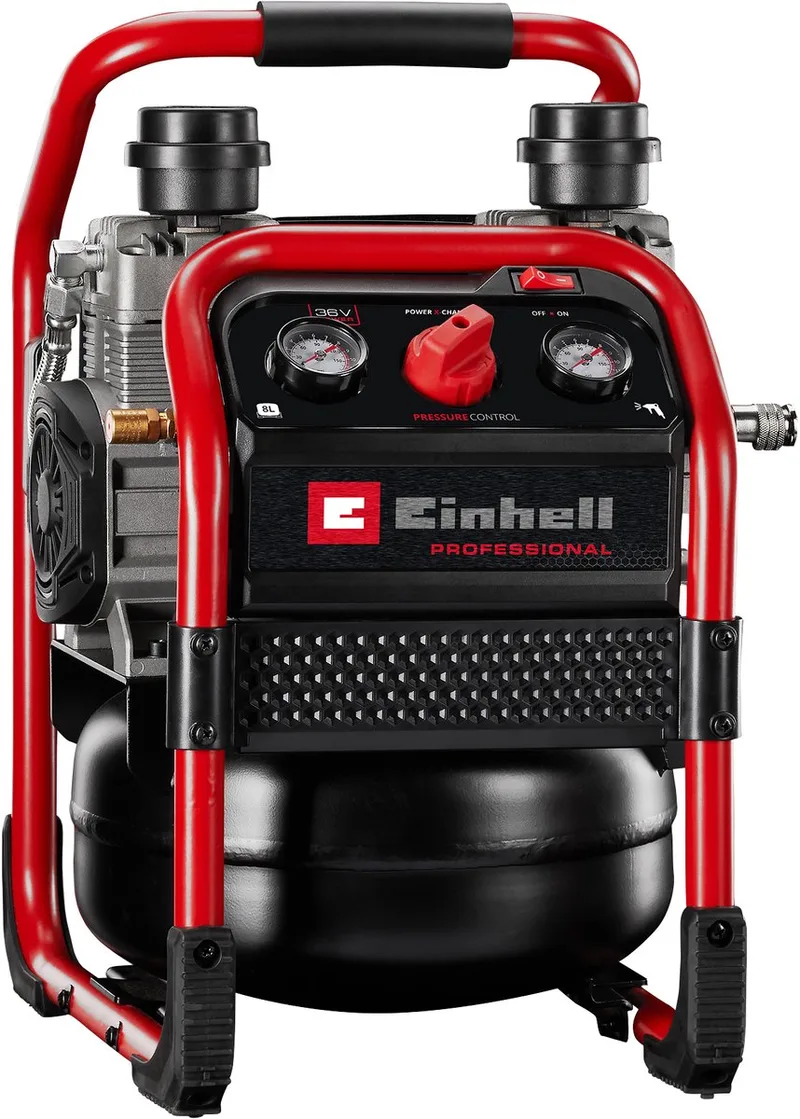 Accu Compressor SILENZZO 36/210 Solo - Power X-Change - 36 V/Li-ion - Max. 8 bar - 8 L tank - Olievrij - 60 dB (Stiller dan normale compressoren) - Zuigvermogen 210 l/min - Excl. accu en lader van Einhell, Rood – productafbeelding
