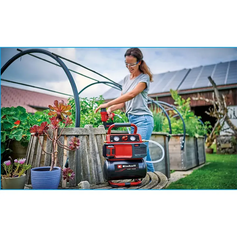 Accu Compressor TE-AC 18/75 Li OF Solo - Power X-Change - 18 V/Li-ion - Max. 8 bar - 5 L tank - Olievrij - Zuigvermogen 75 l/min - Excl. accu en lader van Einhell, Rood – productafbeelding 2 van 6