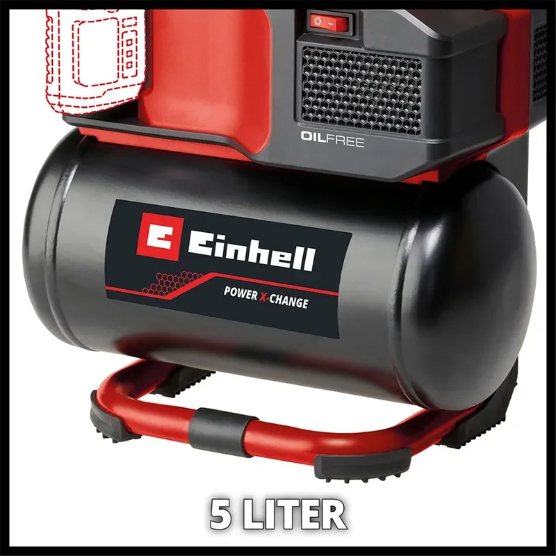 Accu Compressor TE-AC 18/75 Li OF Solo - Power X-Change - 18 V/Li-ion - Max. 8 bar - 5 L tank - Olievrij - Zuigvermogen 75 l/min - Excl. accu en lader van Einhell, Rood – productafbeelding 4 van 6