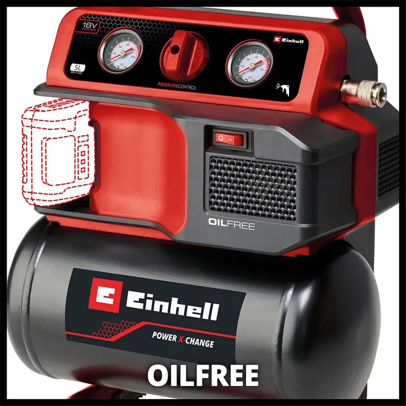 Accu Compressor TE-AC 18/75 Li OF Solo - Power X-Change - 18 V/Li-ion - Max. 8 bar - 5 L tank - Olievrij - Zuigvermogen 75 l/min - Excl. accu en lader van Einhell, Rood – productafbeelding 6 van 6