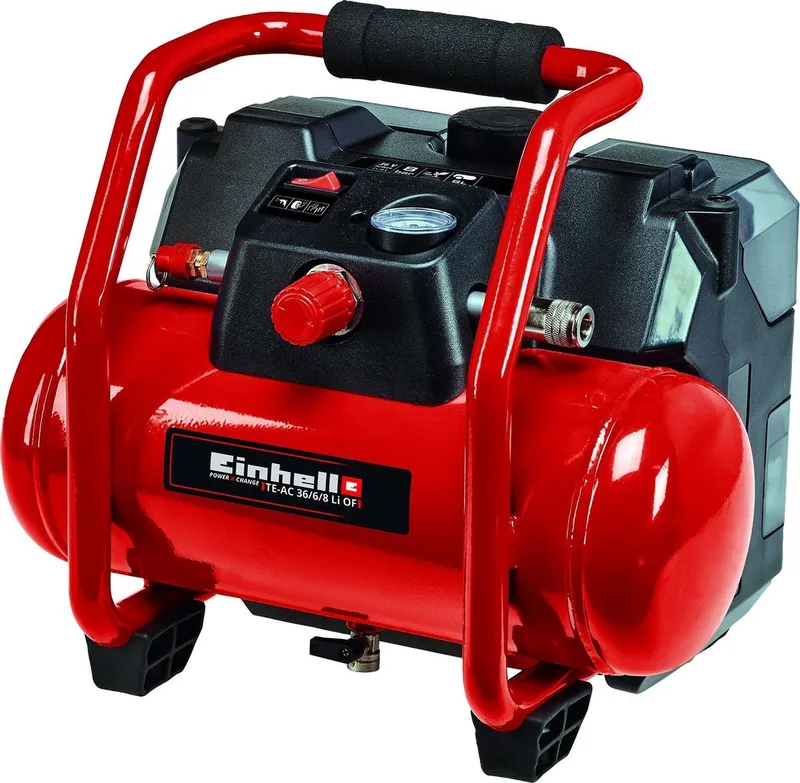Accu Compressor TE-AC 36/6/8 Li OF Set Solo - Power X-Change - 36 V/Li-Ion - 16.000 t/min - Tank: 6 L - Max. Werkdruk: 8 bar - Aanzuigcapaciteit: 130 l/min - Olievrij - Incl. 11-delige adapterset - Excl. accu en lader von Einhell, Rot – Produktbild