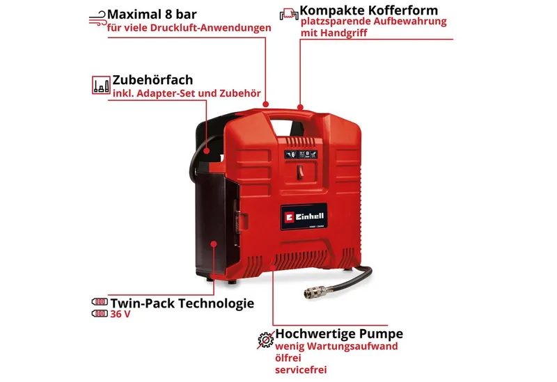 Akku-Koffer-Kompressor TE-AC 36/8 Li OF Set - Solo, 36Volt (2x18V) von Einhell, Rot – Produktbild 3 von 5