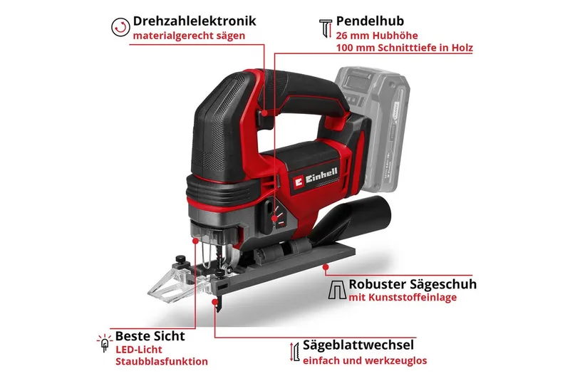 Accu Decoupeerzaag TE-JS 18/100 Li Solo - Power X-Change - 18 V/Li-ion - Slaghoogte: 26 mm - Versteksneden: max. 45° - LED-verlichting - Blaasfunctie - Excl. accu en lader by Einhell – product image 3 of 5