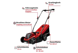 Accu Grasmaaier GE-CM 18/33 Li Kit - Power X-Change - 18 V/Li-Ion - Maaibreedte: 33 cm - Aanbevolen gazonoppervlakte: tot 200 m² - 30 L opvangzak - Maaihoogte: 25-65 mm - Incl. 4.0 Ah Accu en lader van Einhell – productafbeelding 3 van 5