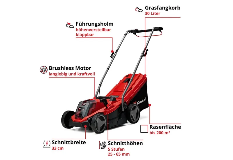 Accu Grasmaaier GE-CM 18/33 Li Kit - Power X-Change - 18 V/Li-Ion - Maaibreedte: 33 cm - Aanbevolen gazonoppervlakte: tot 200 m² - 30 L opvangzak - Maaihoogte: 25-65 mm - Incl. 4.0 Ah Accu en lader van Einhell – productafbeelding 3 van 5