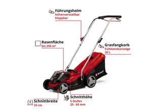 Accu Grasmaaier GE-CM 36/33 Li Kit - Power X-Change - 36 V/Li-ion - Maaibreedte 33 cm - Aanbevolen gazonoppervlakte: tot 250 m² - 30 L opvangbak - Maaihoogte: 25-65 mm - Incl. 2x 2.5Ah accu + 2x oplader van Einhell – productafbeelding 3 van 5